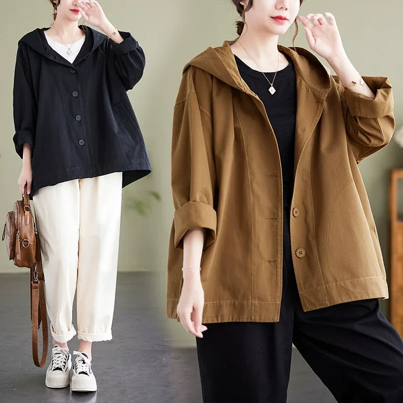 Casual Hooded Cotton Jacket with Dropped Shoulders and Slash Pockets