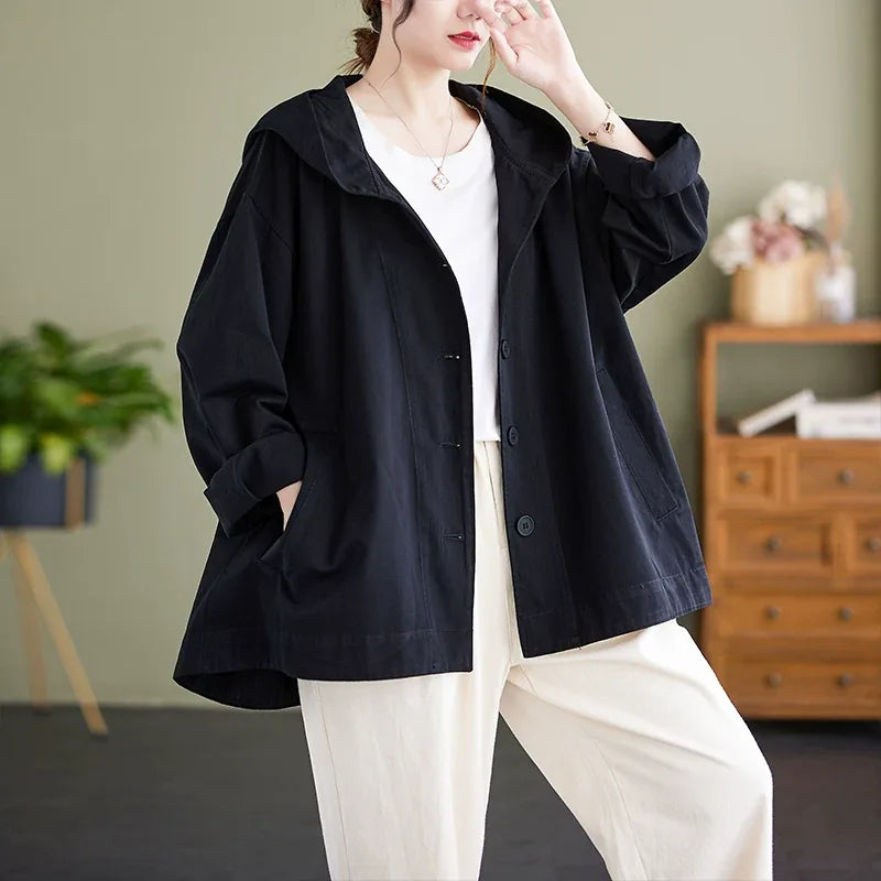 Casual Hooded Cotton Jacket with Dropped Shoulders and Slash Pockets
