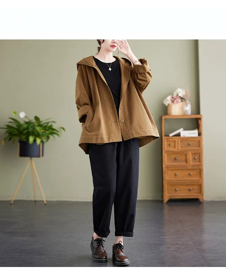 Casual Hooded Cotton Jacket with Dropped Shoulders and Slash Pockets