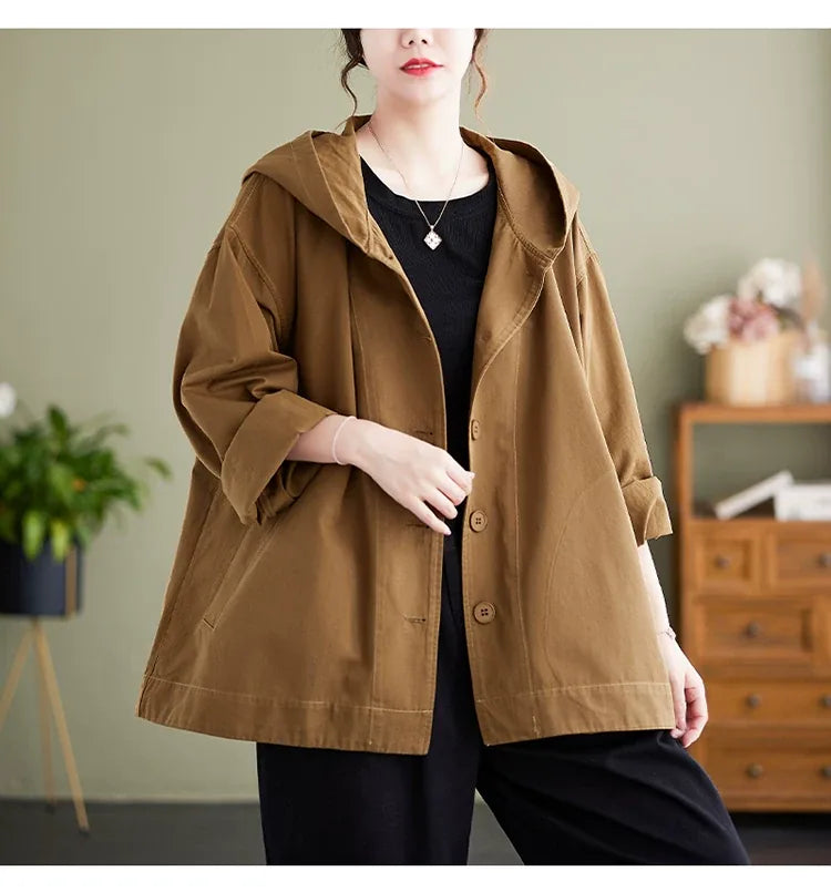 Casual Hooded Cotton Jacket with Dropped Shoulders and Slash Pockets