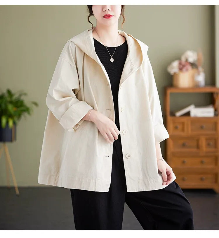 Casual Hooded Cotton Jacket with Dropped Shoulders and Slash Pockets