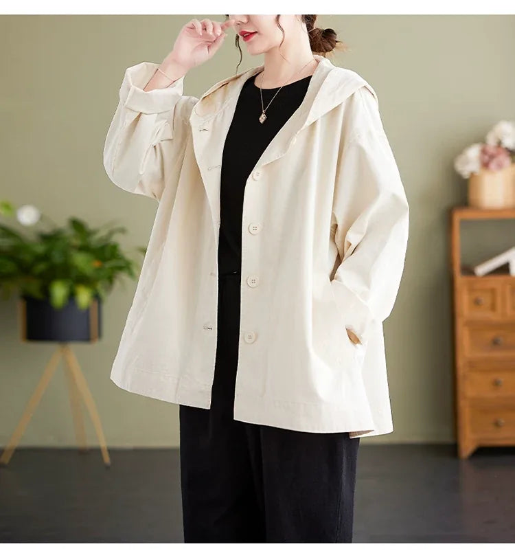 Casual Hooded Cotton Jacket with Dropped Shoulders and Slash Pockets
