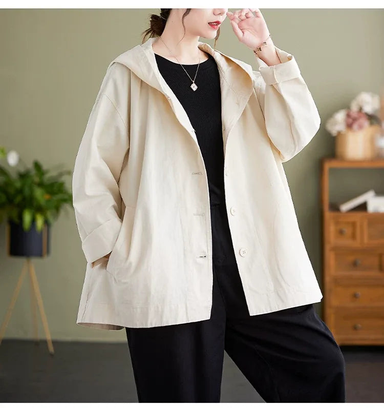Casual Hooded Cotton Jacket with Dropped Shoulders and Slash Pockets
