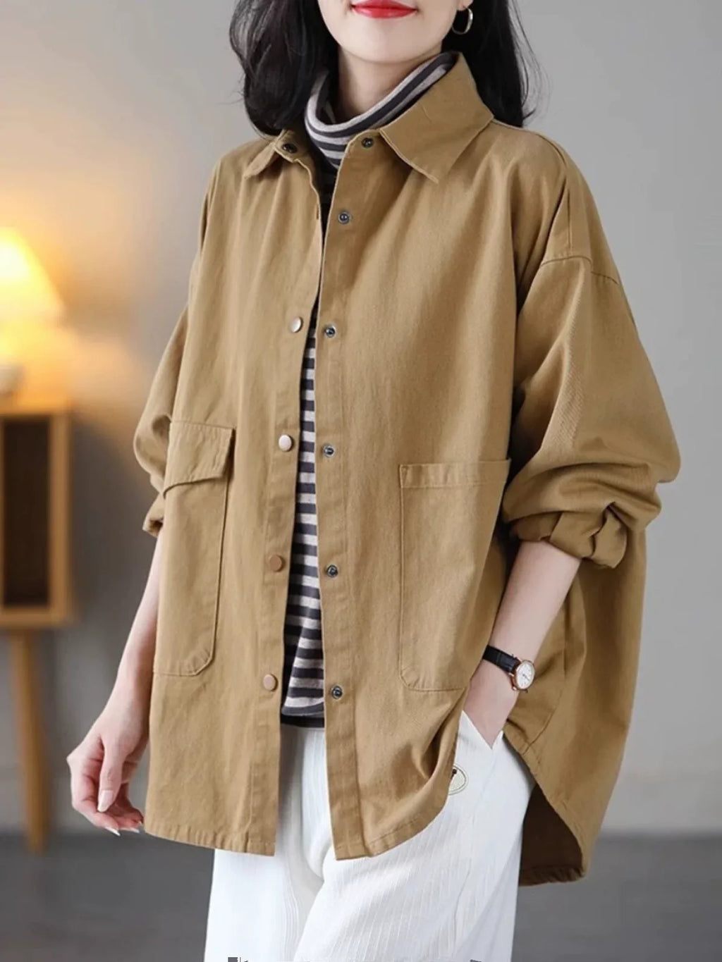 Casual Patch Pocket Shirt Jacket Long Sleeve