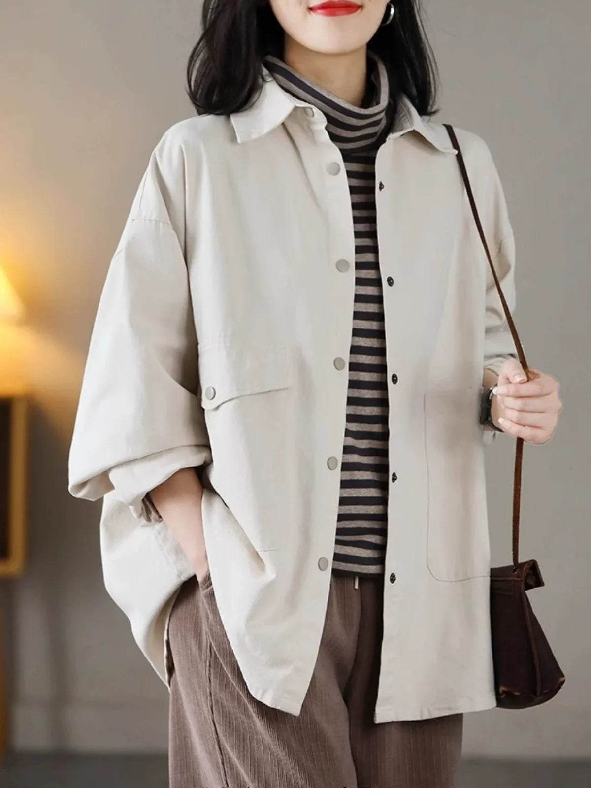 Casual Patch Pocket Shirt Jacket Long Sleeve