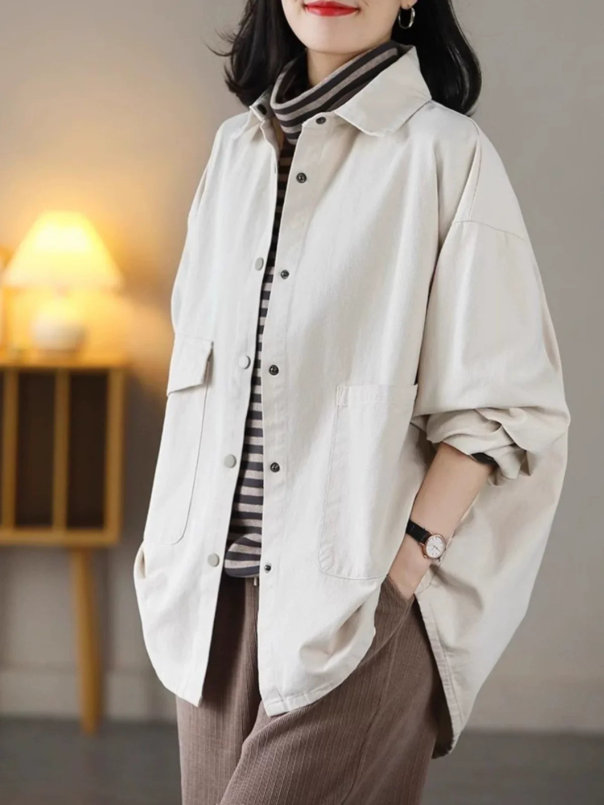 Casual Patch Pocket Shirt Jacket Long Sleeve