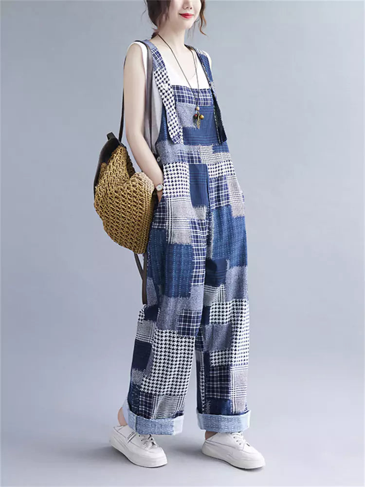 Modischer Damen-Latzanzug mit Karomuster und Patchwork aus Ramie