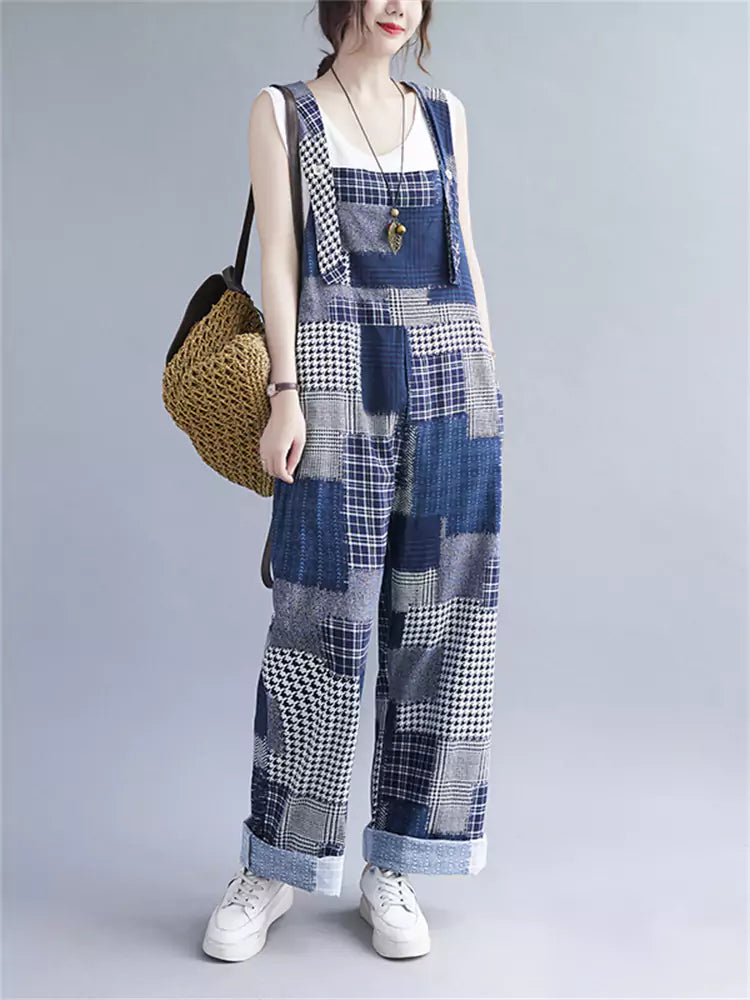 Modischer Damen-Latzanzug mit Karomuster und Patchwork aus Ramie