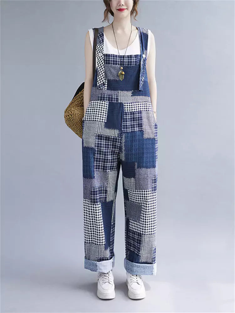 Modischer Damen-Latzanzug mit Karomuster und Patchwork aus Ramie