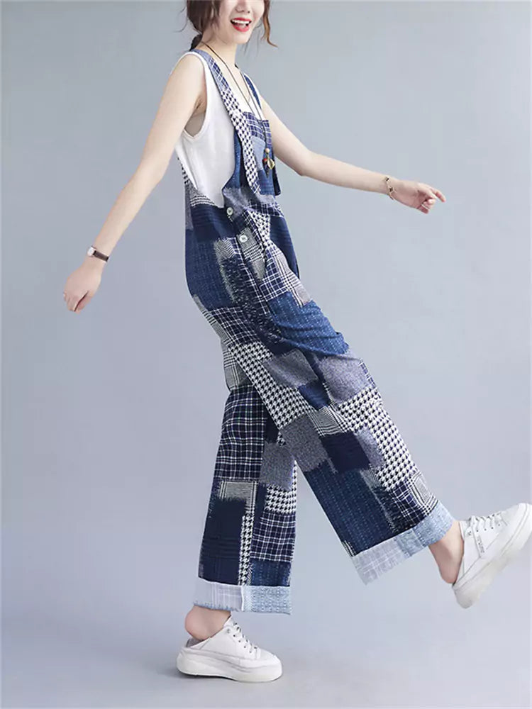 Modischer Damen-Latzanzug mit Karomuster und Patchwork aus Ramie