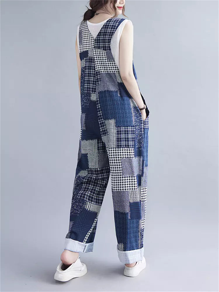 Modischer Damen-Latzanzug mit Karomuster und Patchwork aus Ramie