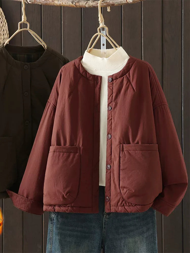 Casual Quilted Padded Jacket Round Neck Patch Pocket