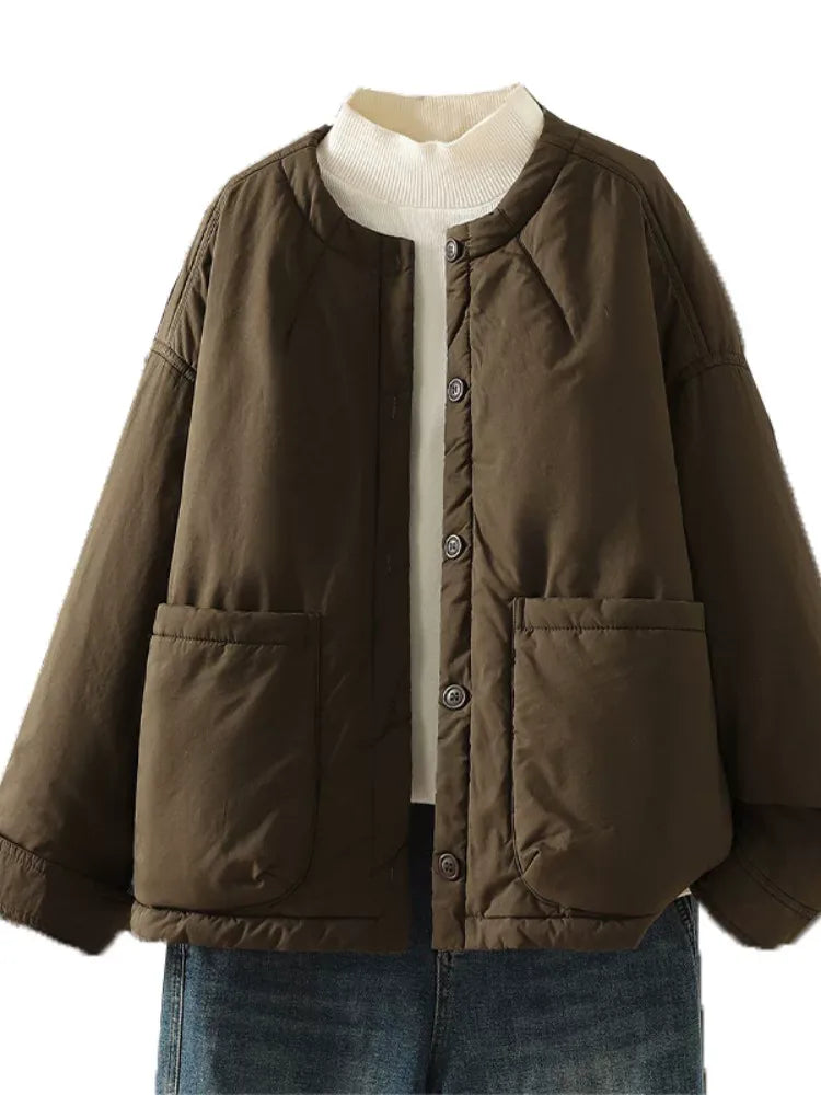 Casual Quilted Padded Jacket Round Neck Patch Pocket