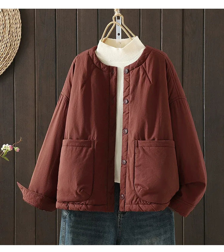 Casual Quilted Padded Jacket Round Neck Patch Pocket