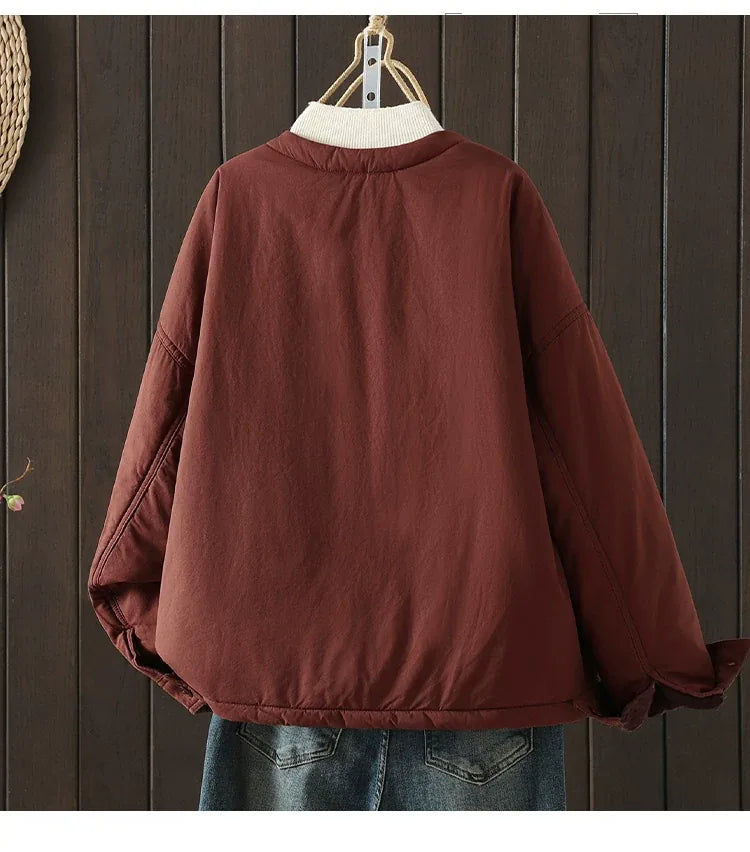 Casual Quilted Padded Jacket Round Neck Patch Pocket