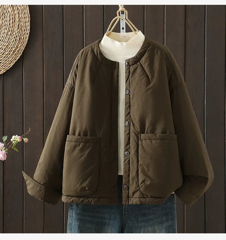 Casual Quilted Padded Jacket Round Neck Patch Pocket