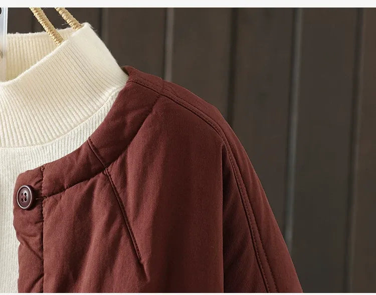 Casual Quilted Padded Jacket Round Neck Patch Pocket