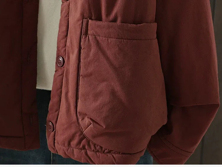 Casual Quilted Padded Jacket Round Neck Patch Pocket