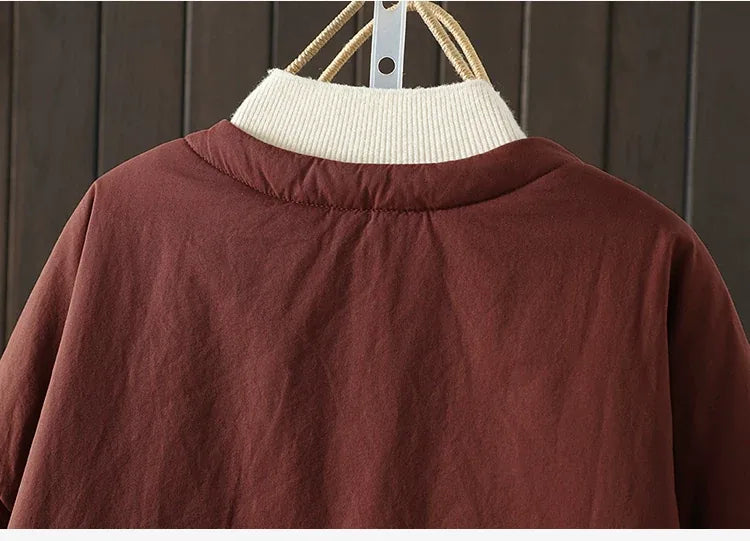 Casual Quilted Padded Jacket Round Neck Patch Pocket