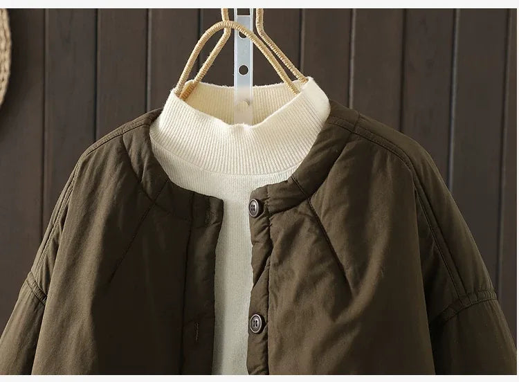 Casual Quilted Padded Jacket Round Neck Patch Pocket