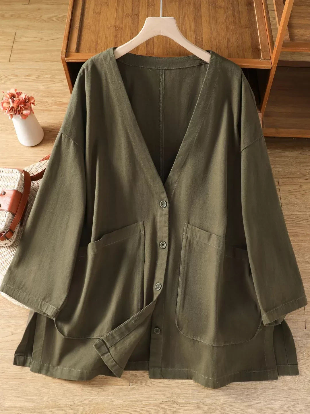 Casual V-Neck Button Front Oversized Cotton Jacket