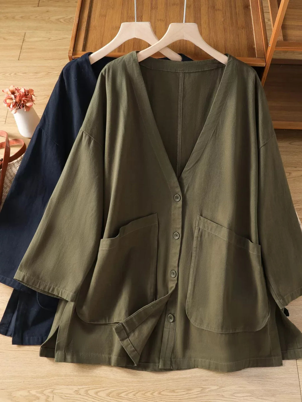 Casual V-Neck Button Front Oversized Cotton Jacket