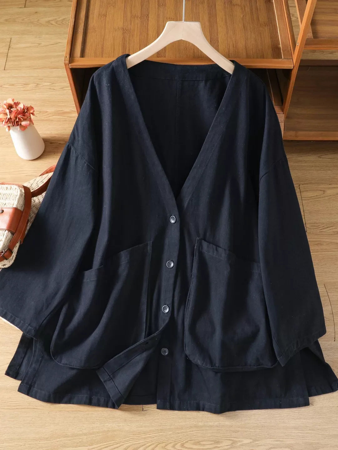 Casual V-Neck Button Front Oversized Cotton Jacket