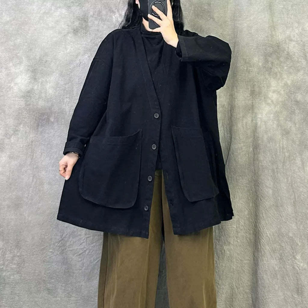 Casual V-Neck Button Front Oversized Cotton Jacket