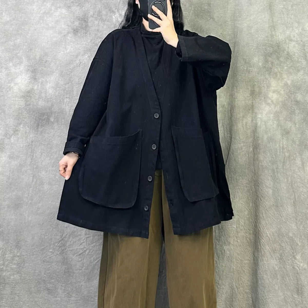 Casual V-Neck Button Front Oversized Cotton Jacket
