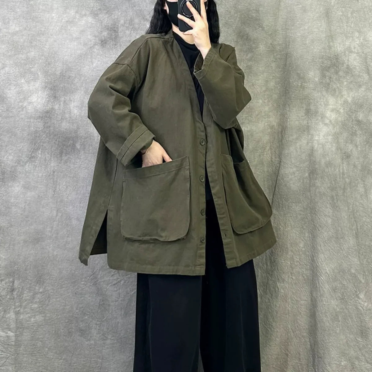 Casual V-Neck Button Front Oversized Cotton Jacket
