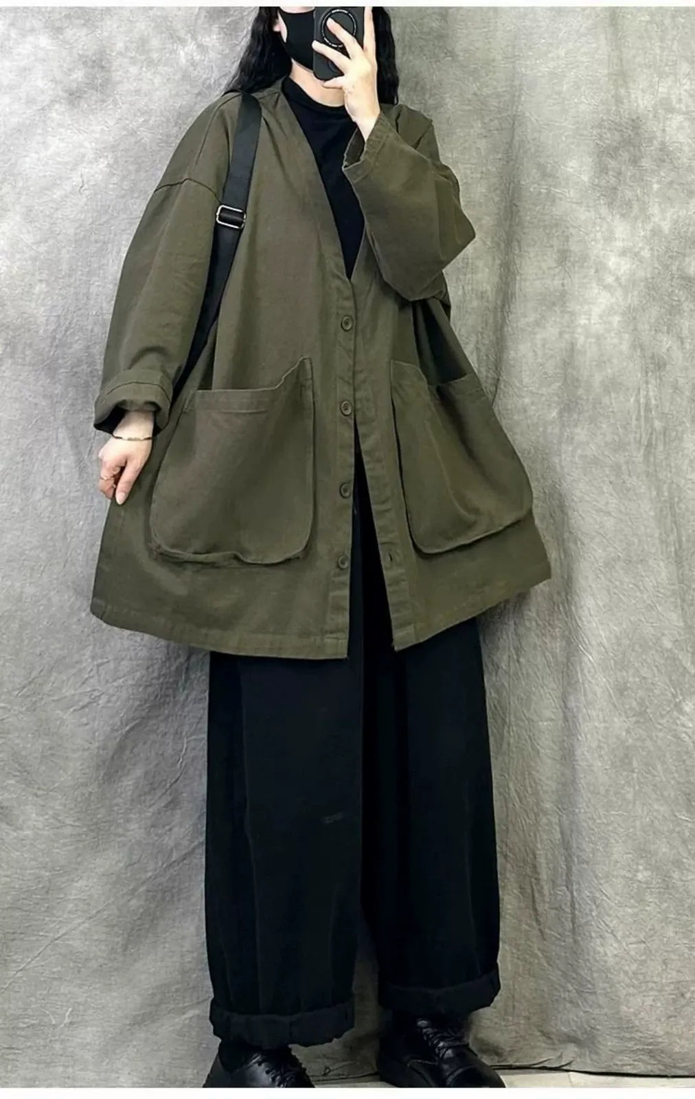Casual V-Neck Button Front Oversized Cotton Jacket
