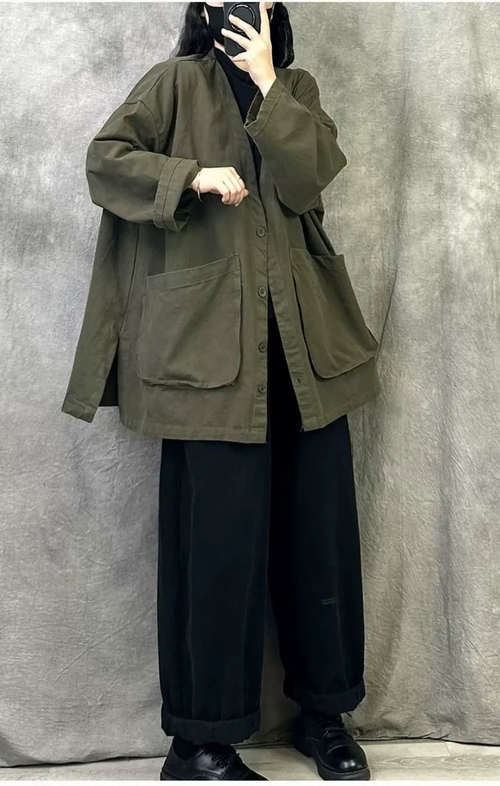 Casual V-Neck Button Front Oversized Cotton Jacket