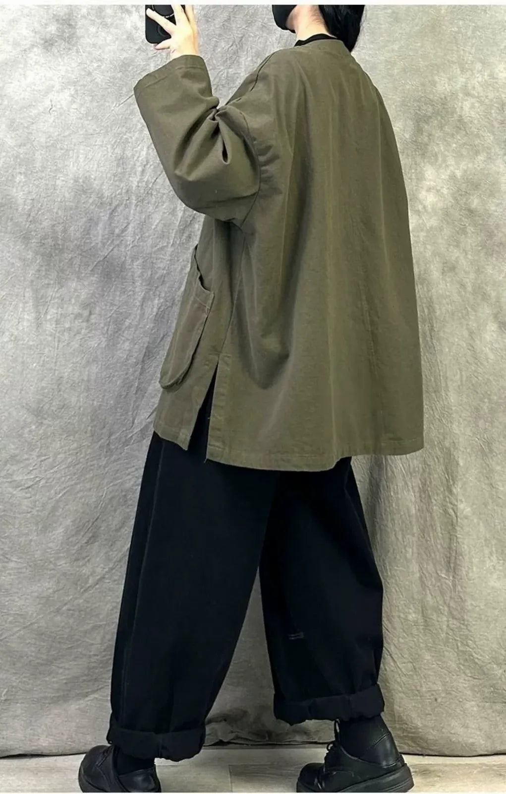 Casual V-Neck Button Front Oversized Cotton Jacket