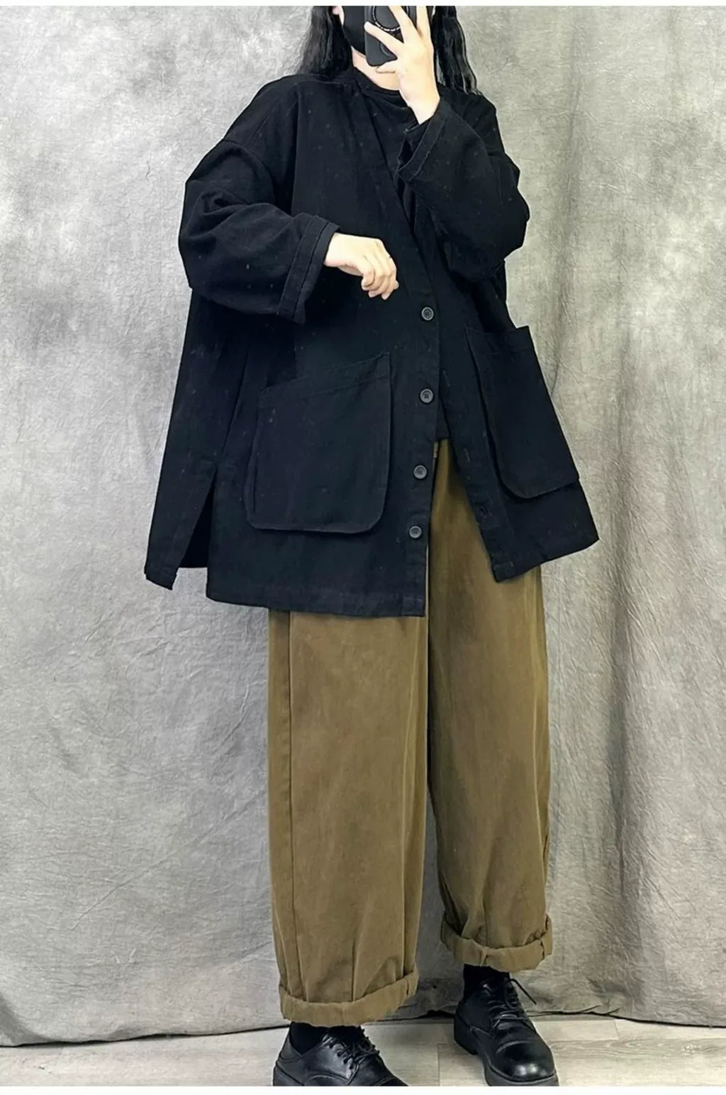 Casual V-Neck Button Front Oversized Cotton Jacket
