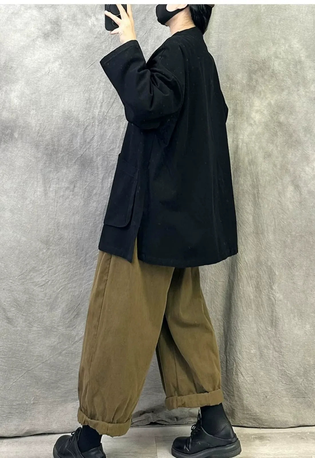 Casual V-Neck Button Front Oversized Cotton Jacket