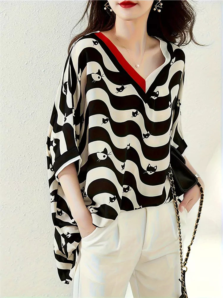 Cat Print Unique V-neck Short Sleeve Chiffon Blouse Asymmetrical