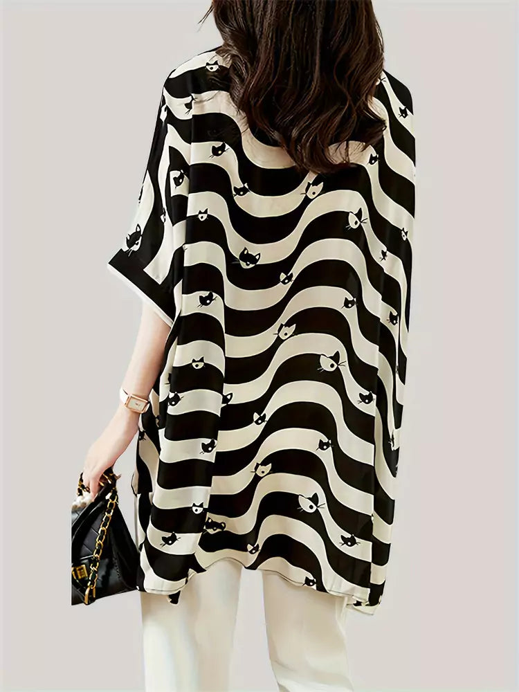 Cat Print Unique V-neck Short Sleeve Chiffon Blouse Asymmetrical