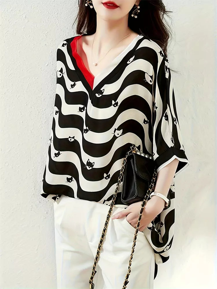 Cat Print Unique V-neck Short Sleeve Chiffon Blouse Asymmetrical