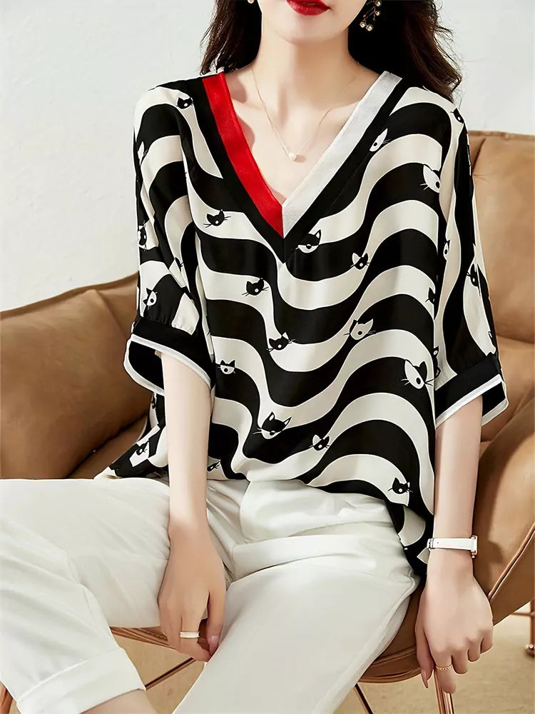 Cat Print Unique V-neck Short Sleeve Chiffon Blouse Asymmetrical