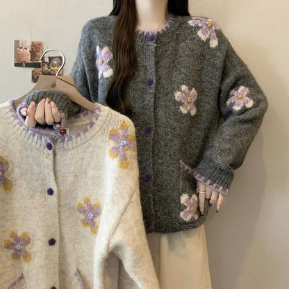 Gray Floral Embroidered Knit Cardigan Sweater