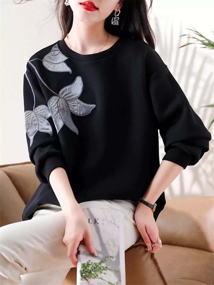 Chic Black  Floral Patchwork Long Sleeve Top