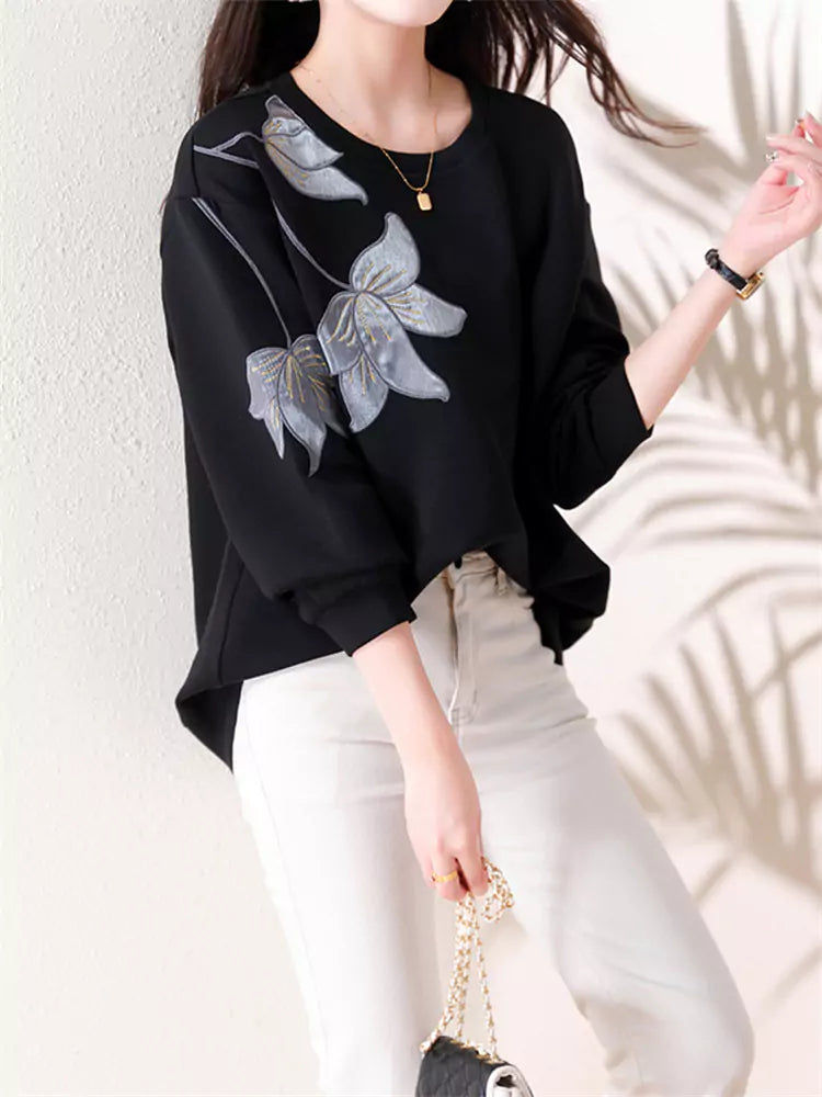 Chic Black  Floral Patchwork Long Sleeve Top