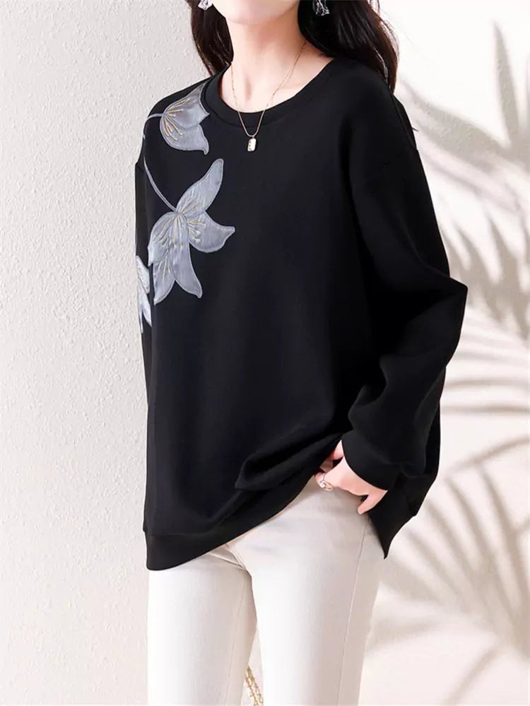 Chic Black  Floral Patchwork Long Sleeve Top