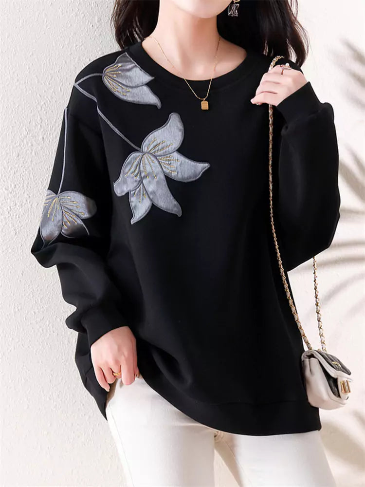 Chic Black  Floral Patchwork Long Sleeve Top