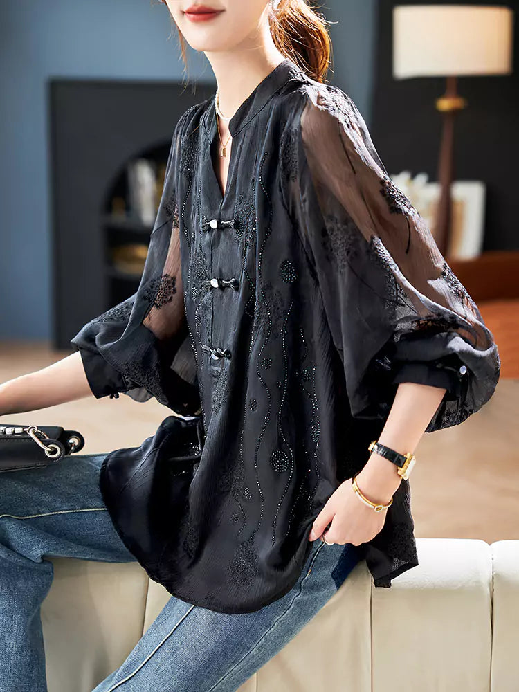 Chic Chinese Style Embroidered and Rhinestone Chiffon Blouse with V-Neck