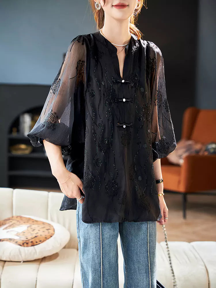 Chic Chinese Style Embroidered and Rhinestone Chiffon Blouse with V-Neck