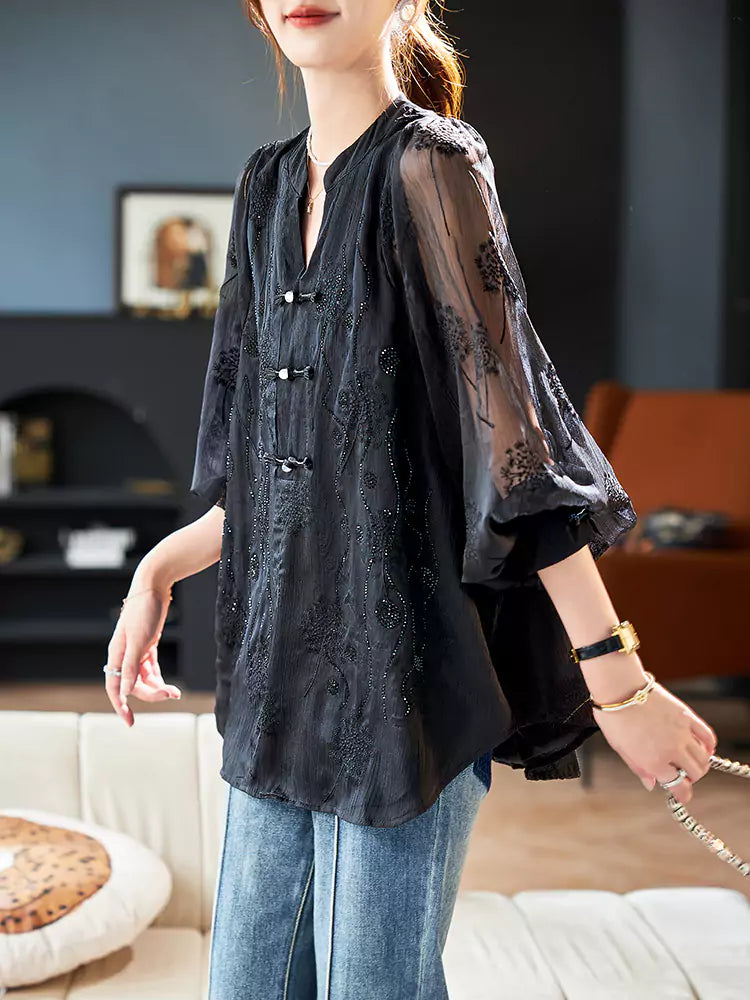 Chic Chinese Style Embroidered and Rhinestone Chiffon Blouse with V-Neck