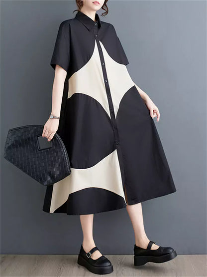 Chic Contrast Color Printed Patchwork Shirt Dress