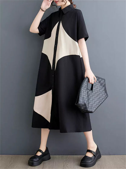 Chic Contrast Color Printed Patchwork Shirt Dress