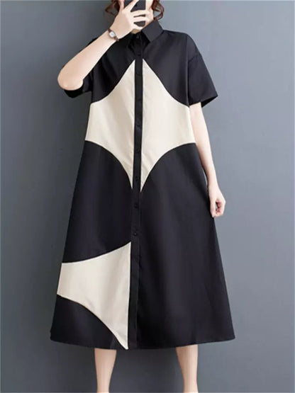 Chic Contrast Color Printed Patchwork Shirt Dress